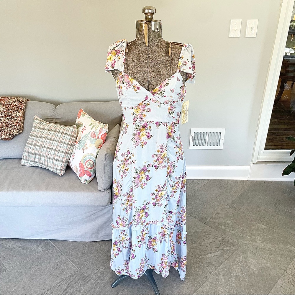 XS. S blue, pink and yellow floral print bohemian backless highlow dress